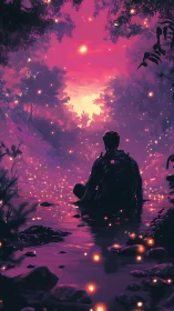 Firefly river vigil beneath a neon orchard sky.
