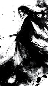 Monochrome samurai profile in dynamic ink wash turbulence