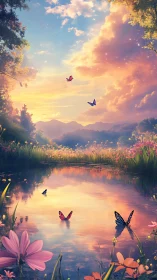 Sunset lake with butterflies over glowing floral shore.