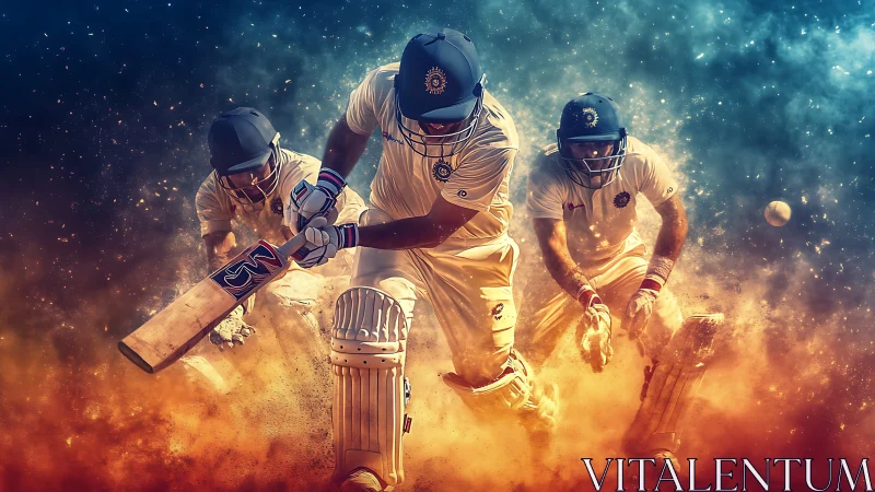 Dynamic cricket batsmen charge through swirling stadium dust