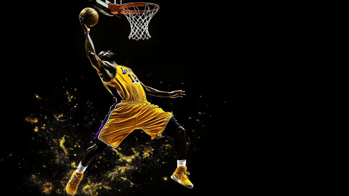 Dynamic yellow dunk silhouette on black negative space.