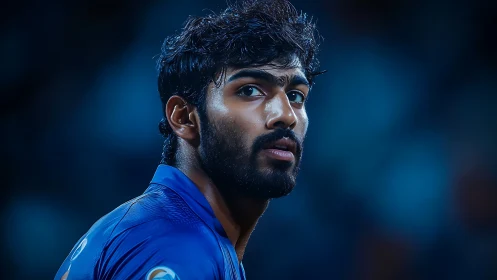 High-contrast close-up of male athlete under cool stadium lighting