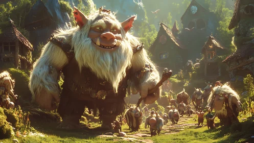 Troll village procession in sunlit forest valley environment.
