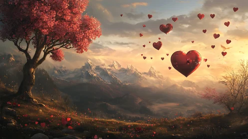 Atmospheric Composite: Floating Heart Shapes Above Alpine Mountain Range with Luminous Sunset