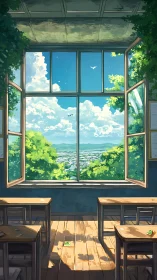 Sunlit empty classroom frames distant summer cityscape