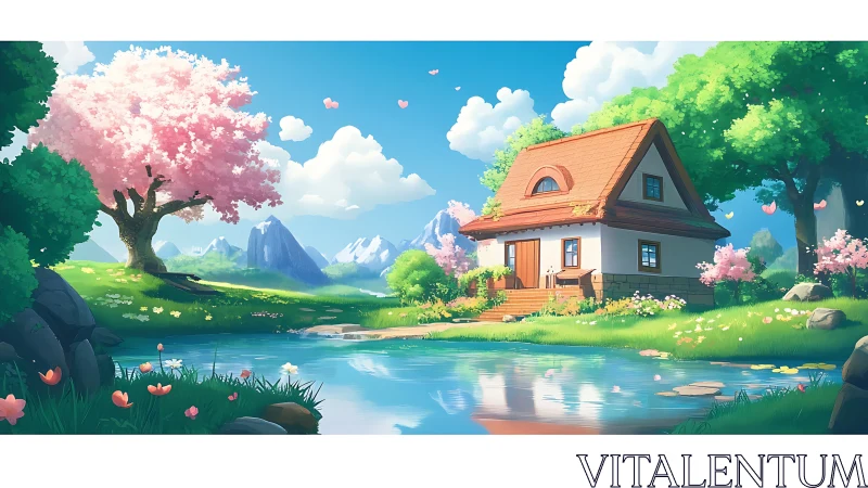 Sunny cottage beside spring pond under cherry blooms.