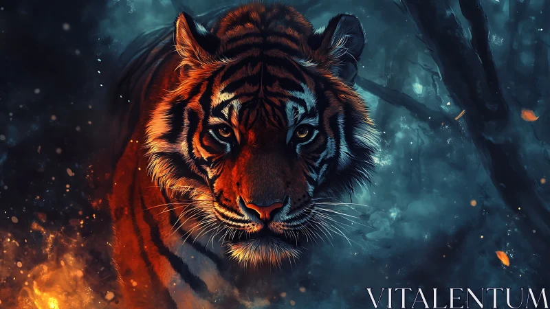 Firelit tiger prowling through dark misty forest night.