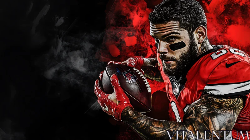 Intense gridiron runner in red jersey against firestorm backdrop.