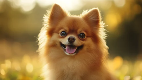 Golden hour Pomeranian smiles brightly in warm sunlight