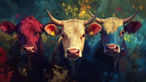 Colorful trio of curious cows share a bold painted moment