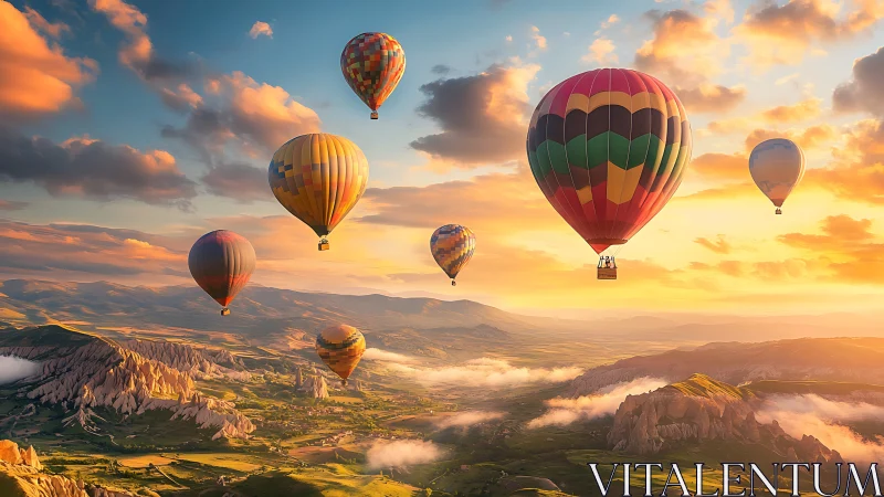 Multicolored hot air balloons over layered valley landscape.