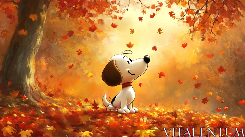 Cartoon beagle enjoys golden autumn leaves in forest