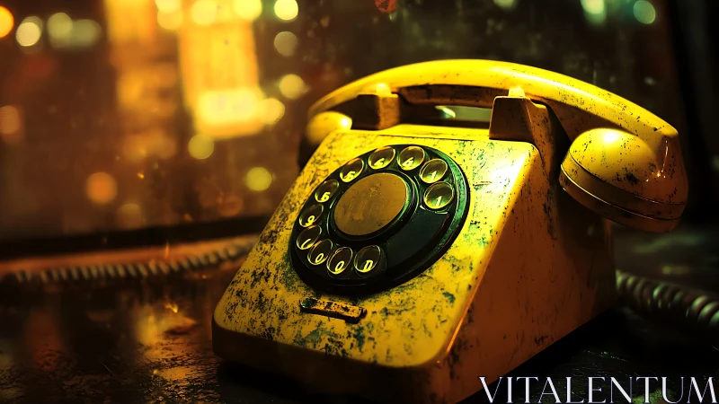 Cinematic close-up of weathered yellow rotary telephone set.