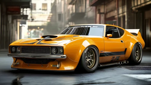 Orange widebody muscle car on urban street at sunrise.