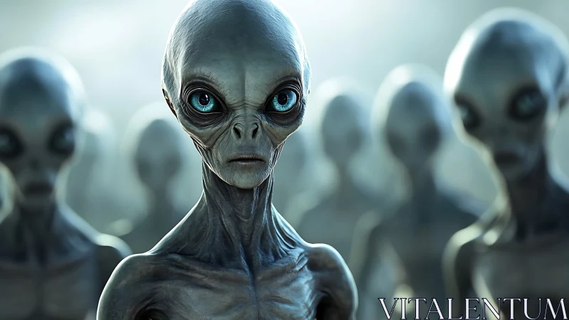 Alien figure stands in focus before blurred extraterrestrial group