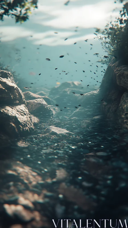 Rocky creek bed with shallow turquoise water and drift.