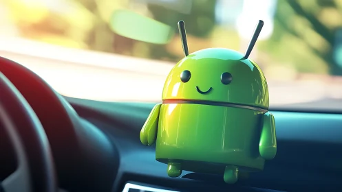 Green android dashboard figure in modern car interior.