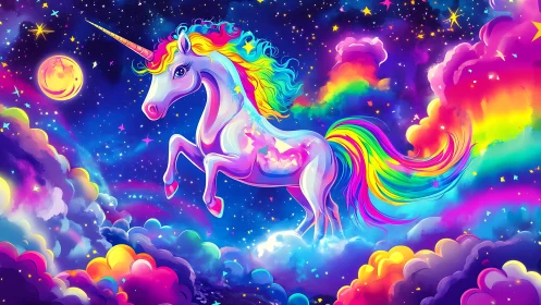 Iridescent unicorn silhouette traverses neon prismatic nebula cloudscape