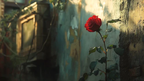 Solitary red rose rewrites decay along a forgotten wall