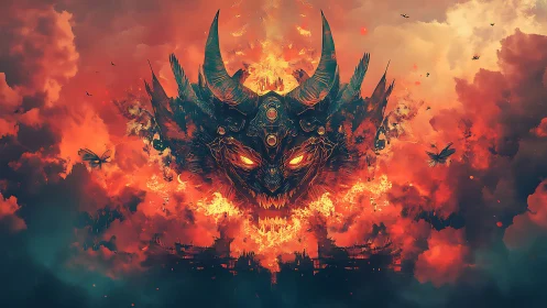 Demonic horned visage erupts from blazing infernal clouds.