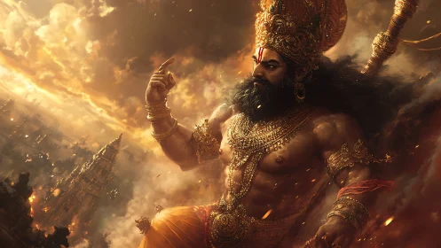 Colossal warrior deity strides through burning temple city