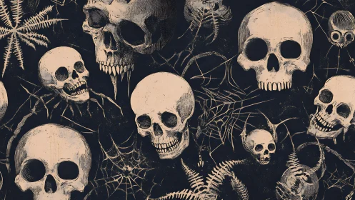 Skull-filled cobweb tapestry in vintage horror etching style.