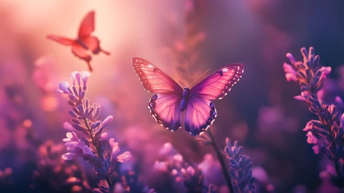 Violet butterfly hovers over glowing lavender meadow at dusk.