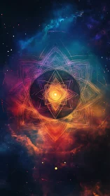 Celestial mandala radiating golden energy in cosmic nebula.