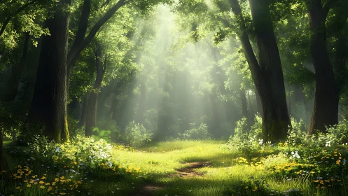 Sunlit Cathedral of Green: Ancient Forest Awakening.