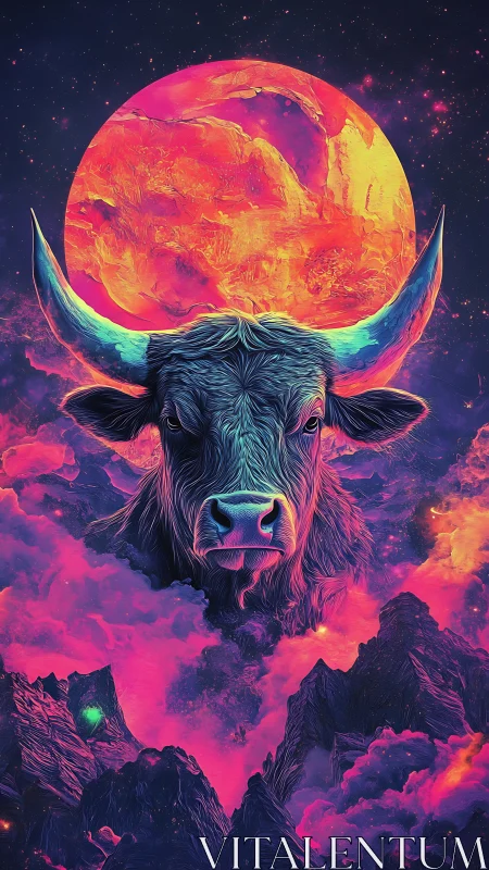 Cosmic bull head under glowing planet in neon sky.
