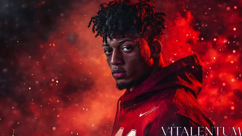 Cinematic red-lit football portrait with embers and hoodie