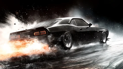 Muscle car roaring through rain and sparks under night skies.