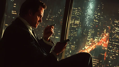 Quiet city night wraps a thoughtful man in warm neon light