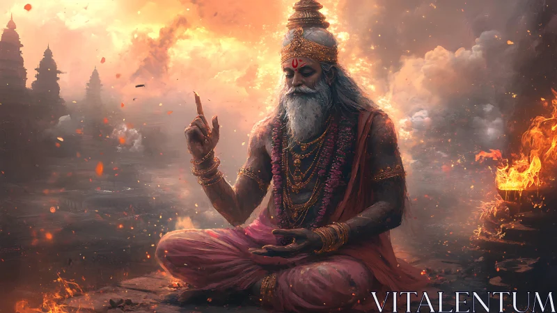 Elderly robed figure meditates amid flames and distant temples