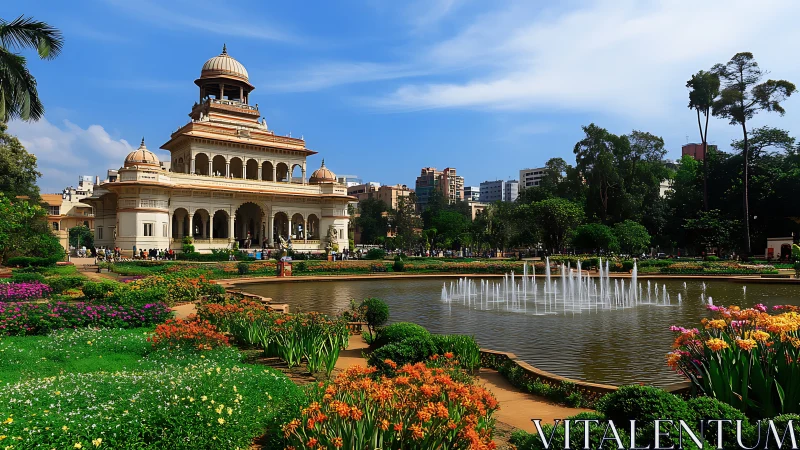Palatial garden pavilion crowned by fountains and city sky.