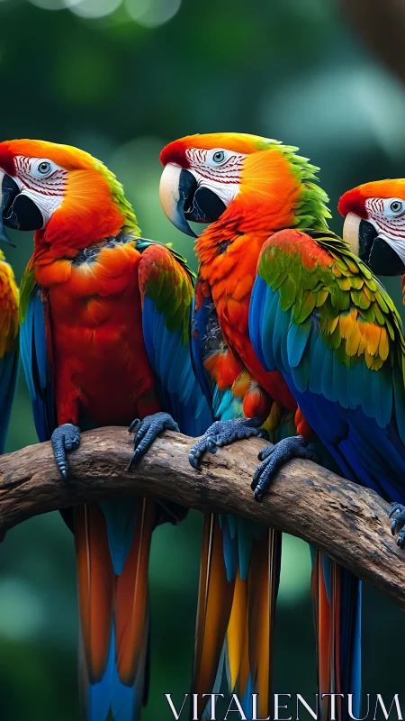 Bright macaws share a colorful perch in lush green jungle