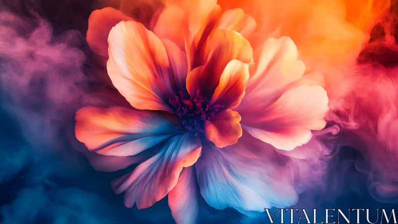 Vibrant macro flower blooms through swirling neon mist