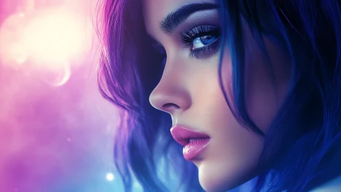 Neon-lit digital portrait of blue-haired woman in profile.
