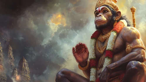 Monkey-headed deity sits before storm clouds and temples