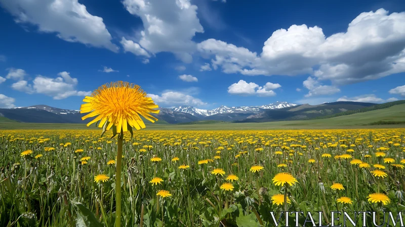 One bold dandelion solos beneath a sky of roaming clouds