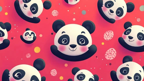 Cute cartoon panda faces on bright red background pattern.