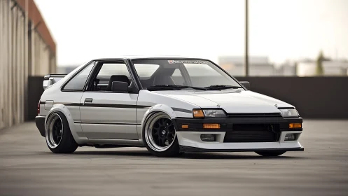 White modified coupe parked on rooftop in side-front view.
