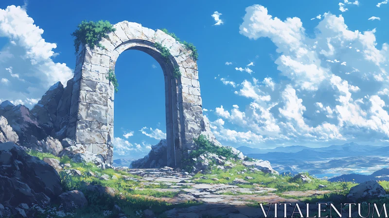 Sunlit stone archway opens onto a calm, endless horizon