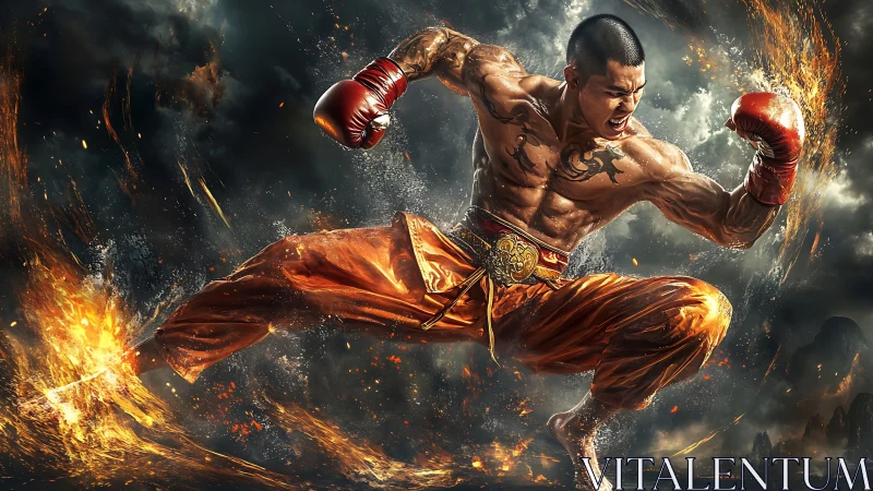 Martial artist launches fiery aerial kick in hyperreal combat