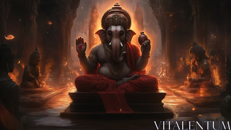 Majestic Ganesha idol amid glowing embers in temple hall.