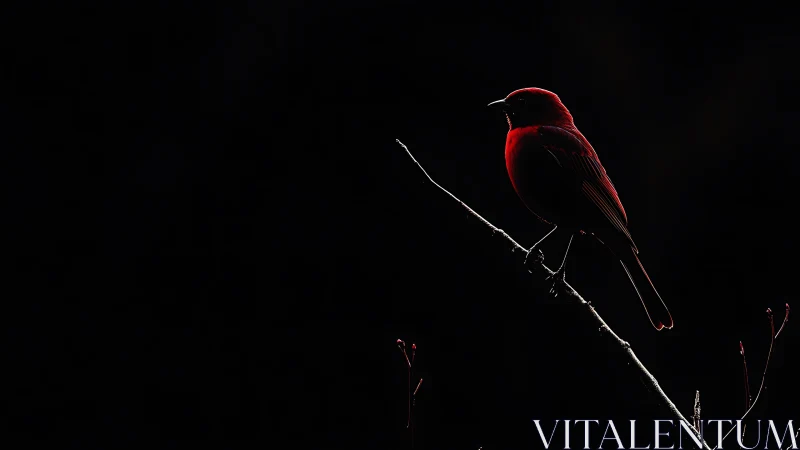 Vivid Red Bird Silhouette on Branch in Dramatic Low Light.