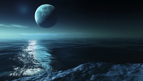 Distant planetary body above calm ocean under night sky.