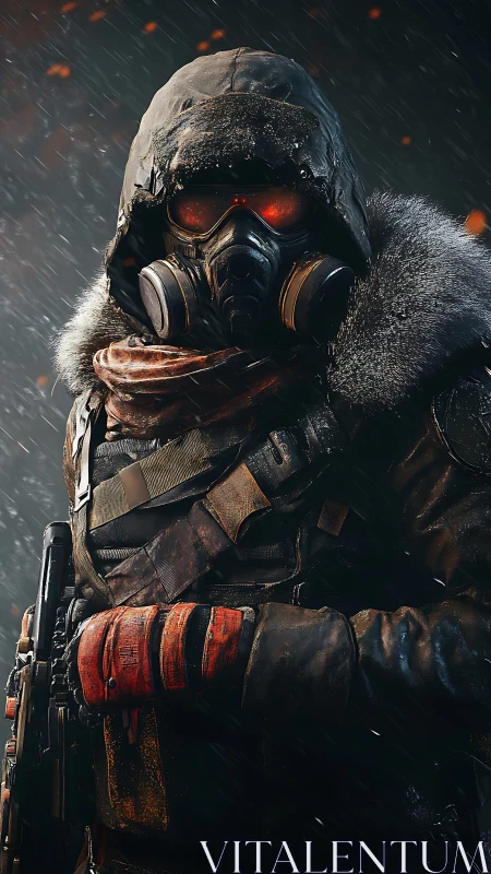 Storm-soaked wasteland ranger waits with embers in their eyes