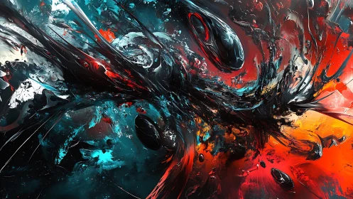 Abstract liquid energy flows collide in deep red and teal