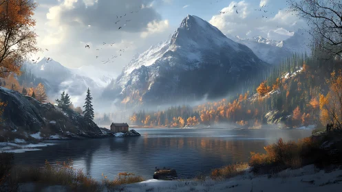 Mist-kissed alpine lake cradles a lone autumn cabin.